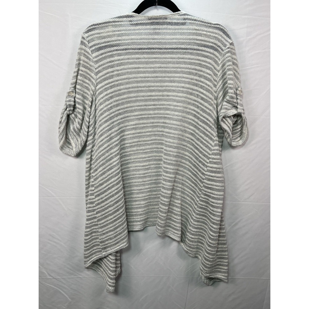 AB Studio Womens Grey White Striped Open Front Cardigan Sweater Size M Roll Tab - Picture 8 of 8
